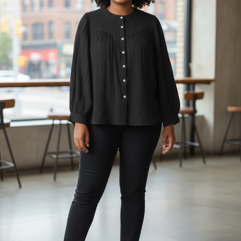 Black Long Sleeve Blouse – Women's Size XL , 100 % Cotton, Loose Fit, NWOT